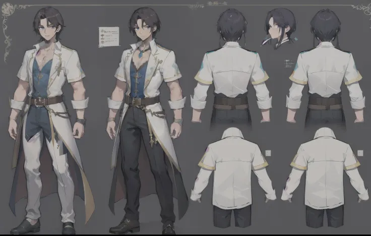 1 man, Reference sheet, (fantasy character design, front, return, ~ side) manly, magician, magic user, broad shoulders, expensive, A lean and athletic physique. magic blue eyes, long dark brown hair, kept properly. flowing rune robe.