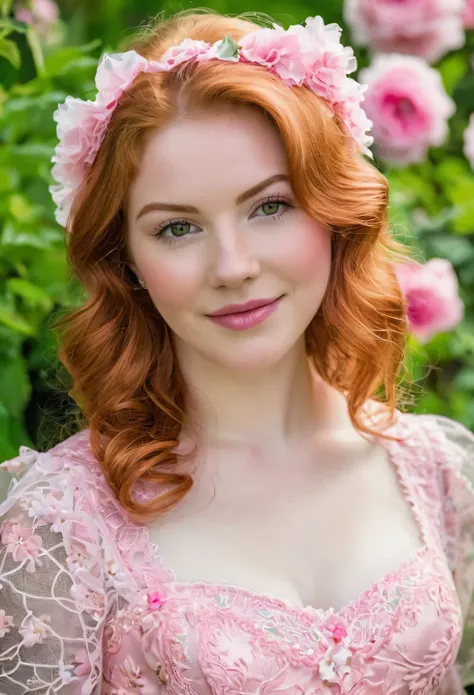 photo femme 20 ans beau visage fin charmante rousse tache de rousseur avec les plus gros sein du monde,taille fine, muscler,longue jambe,fesse les plus grosses du monde,robe rose fendue dentelle courte decollete plongeant, dans jardin fleuri 