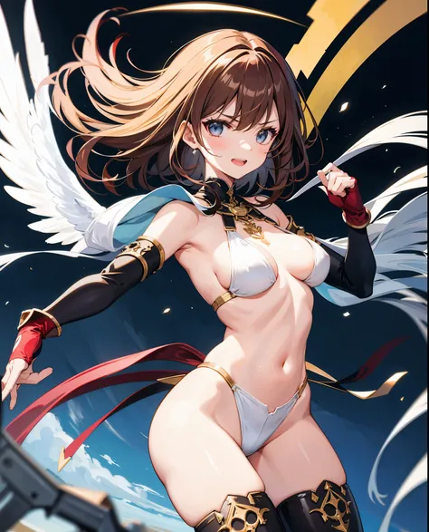 fantasy, 1angel_girl,, ,brown_hair, medium_bob_hair, long_bangs, halo,bare_shoulder,thighhighs,silver_armor, waist_armor, large_breasts,angry,grinning,open_mouth_teeth, 1pair_wings, dynamic_pose_fighting,floating, bare_crotch, headgear,gauntlet, greaves,ci...