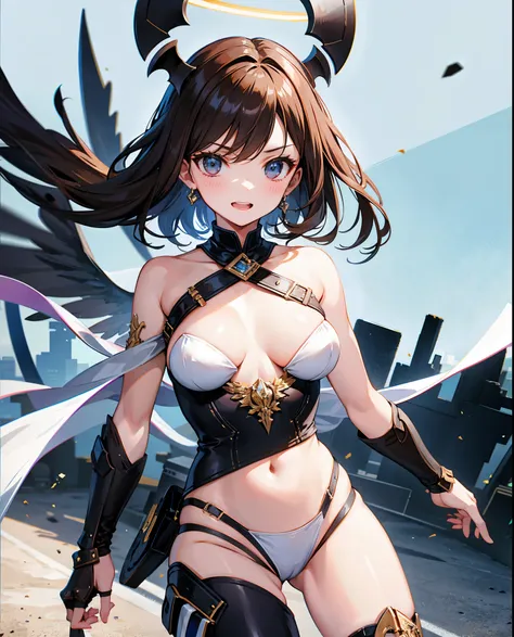 fantasy, 1angel_girl,, ,brown_hair, medium_bob_hair, long_bangs, halo,bare_shoulder,thighhighs,silver_armor, waist_armor, large_breasts,angry,grinning,open_mouth_teeth, 1pair_wings, dynamic_pose_fighting,floating, bare_crotch, headgear,gauntlet, greaves,ci...