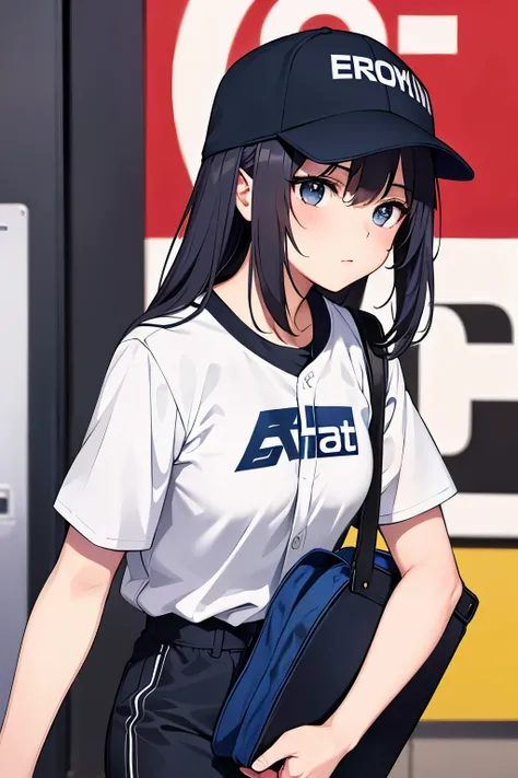 Anime style image of a 20 year old girl. He is a manager who is passionate about the world of baseball and plays an important role in supporting the team. She is wearing sporty clothes that match her teams uniform and a baseball cap with a Y on it. He carr...