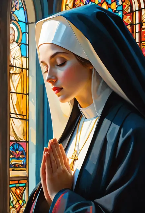 best quality,4k,8k,high resolution,masterpiece:1.2, Super detailed, actual:1.37, painting, portrait, nun in beautiful church, Tyndall effect, soft light, Religious atmosphere, stained glass windows, sacred tranquility, intricate details, Peaceful atmospher...