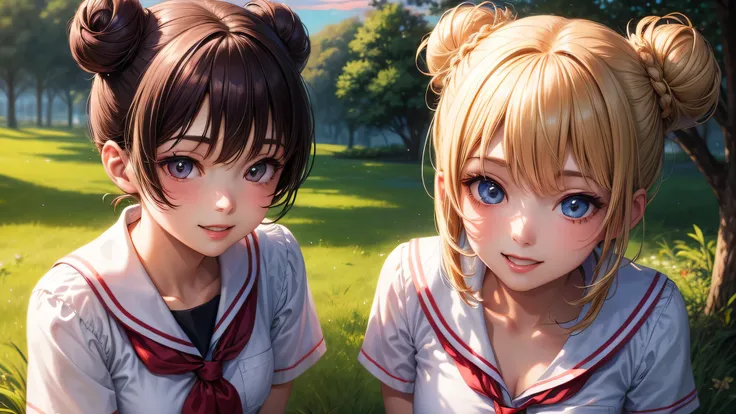 (2 girls:1.2), cute face, shining smile, (double buns:1.2), (school uniform, mini skirt:1.2), (highest quality: 1.4), (Super detailed), (highest quality:1.4), (super detailed), (lush park), sunset, (anime illustration), very high resolution, (Upper body), ...