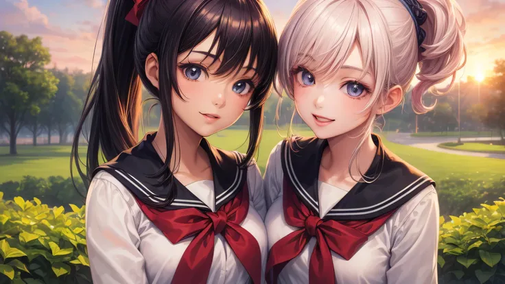 (2 girls:1.2), cute face, shining smile, (ponytail:1.2), (school uniform, mini skirt:1.2), (highest quality: 1.4), (Super detailed), (highest quality:1.4), (super detailed), (lush park), sunset, (anime illustration), very high resolution, (Upper body), clo...