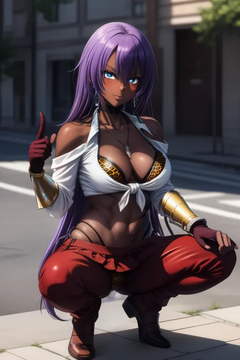 masterpiece, nsfw, perfect lighting, ultra_detailed,  ((1girl)), smug, squatting, ((dark skin)), muscular female, smug, ArthurPgon, 1girl, purple hair, long hair, bangs, hair between eyes, blue eyes, jewelry, earrings, lips, medium breasts, (armor), bare s...