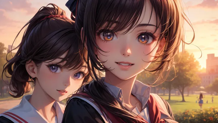 (2 girls:1.2), cute face, shining smile, (ponytail:1.2), (school uniform, mini skirt:1.2), (highest quality: 1.4), (Super detailed), (highest quality:1.4), (super detailed), (lush park), sunset, (anime illustration), very high resolution, (Upper body), clo...