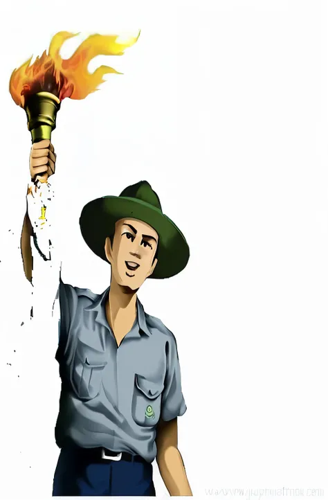 there is a man holding a burning torch in his hand, holding a torch, the torch we all must hold, scout boy, holding green fire, torch lighting, torch - lit, torch, torchlit, torches, fire lit, holding flamethrower, inspired by Oka Yasutomo, drawn image, cu...