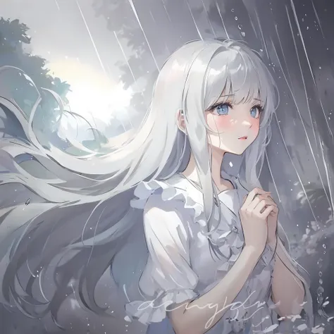 a girl，gloomy look，Stare ahead，rain，gray tone，pure，HD。