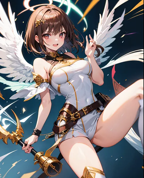 fantasy, 1angel_girl,, ,brown_hair, medium_bob_hair, long_bangs, halo,bare_shoulder,thighhighs,silver_armor, waist_armor, large_breasts,angry,grinning,open_mouth_teeth, 1pair_wings, dynamic_pose_fighting,floating, bare_crotch, headgear,gauntlet, greaves,ci...