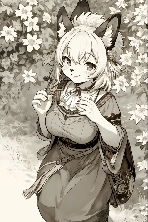 monochrome, watercolor, highres, top quality, best quality, paid reward available, High-quality illustrations, unparalleled masterpiece, perfect artwork, absurdres, 1girl, kemono, furry, detailed body fur, animal face, animal hand, Archaic Smile, holding a...