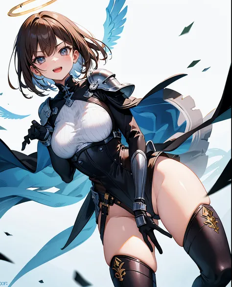 fantasy, 1angel_girl,, ,brown_hair, medium_bob_hair, long_bangs, halo,bare_shoulder,thighhighs,silver_armor, waist_armor, large_breasts,angry,grinning,open_mouth_teeth, 1pair_wings, dynamic_pose_fighting,floating, bare_crotch, headgear,gauntlet, greaves,ci...