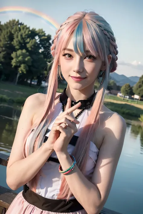 (masterpiece), (((highest quality)), (Super detailed), 1 girl, (rainbow colored hair, colorful hair, Half blue、half pink hair: 1.2), 17 years old, (yukina: 1.2), outdoors, bangs, smile, sky blue eyes, perfect hands, perfect hands, hand details, corrected f...