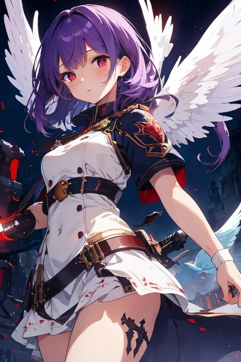 beautiful illustrations, highest quality, cute  girl, (conversion sequence), Angel, combat uniform、warrior、fractal art, baby face, purple hair、shortcut, beautiful detailed red eyes, cinematic lighting, cowboy shot, 