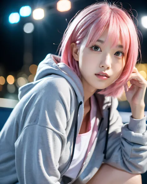 (highest quality, 8k, High resolution, masterpiece:1.2), beautiful japanese girl, 14 years old, perfect human anatomy, perfect hands, 16 years old, ((bright pink hair)), Beautifully styled short bob hair, asymmetrical bangs, ruby red eyes, High resolutionの...