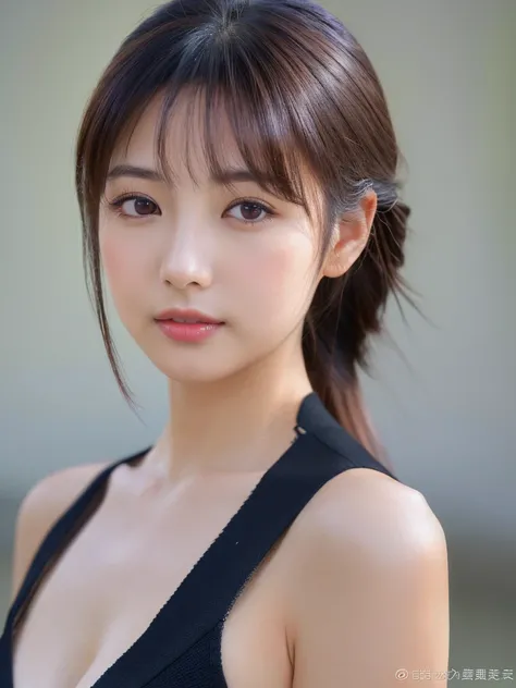 ((cute日本の女の子、beautiful japanese girl、1 girl、19 years old、ponytail、Highly detailed face and skin texture、super detailed face、highly detailed eyes、Lee Hong、blush、close-up of woman、front、 from the neck up、cute、Highly detailed face and skin texture、smooth whit...