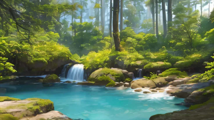 ((masterpiece)), ((best quality)), 8k, highly detailed, ultra-detailed, a serene landscape scene showcasing the tyndall effect i...