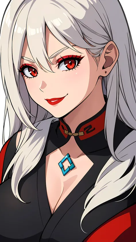 1girl, solo, mature lady, milf, beautiful character design, cg unreal engine, hd, 4k, full shading, perfect shading, professional art, extremely detail character design, a girl with long white hair wearing black chinese dress, happy, smirk, red eyes color,...