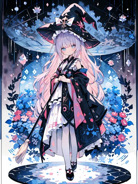 (PastelColors:1.5)、(Cute illustration:1.5)、(watercolor paiting:1.2)、1 Youth Full Body Subian、facing front、Purple Themed Witch、Holding a magic broom、Fantasia、witchs hat、Chinese、Light purple hair、a magical world、Purple witch clothes、Black cobweb、Happiness、ki...