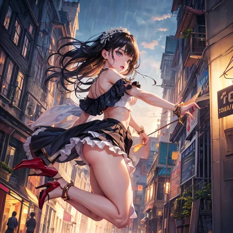 NSFW、4K、masterpiece、((focus on the face)), (full body shot, Full body photo including face), ((Cute symmetrical face))、Beautiful woman、slender body、(small butt、thin thighs）、off shoulder、Box Pleated Skirt、(high heels、stockings、anklet）、I could see the whole ...