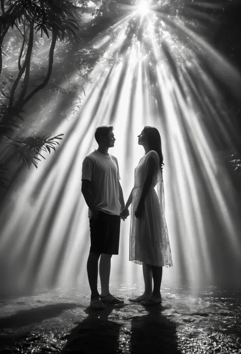 dingdall effect, black and white photography (close-up of sunlight shining through thin mist on hugging couples), fog in tropica...