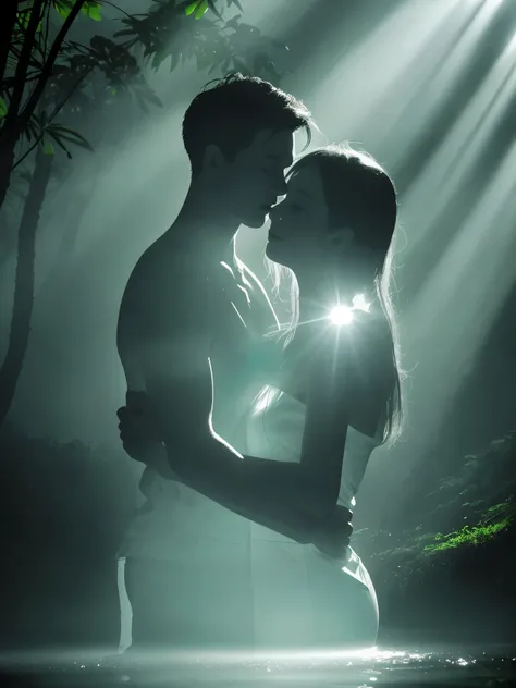 Dingdall effect, black and white photography (close-up of sunlight shining through thin mist on hugging couples), fog in tropical forests, beams of light, 32k uhd style, translucent water, high-definition photography, silver and green, low angle, flowing s...