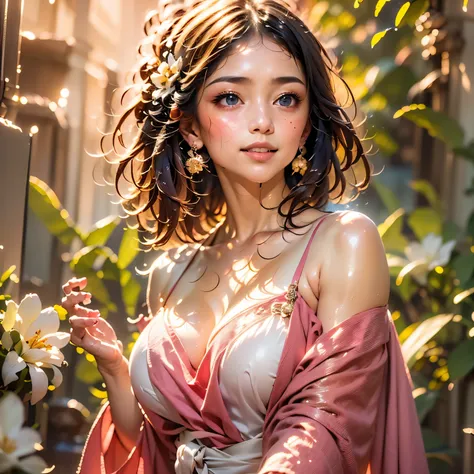 ((Best quality, ultra detail, realism: 1.37), (1 girl - solo, full-length, waist-high, loose - relaxed pose, standing), (fashionable pink dress, open shoulders, neckline, wide short bell, decorated with modern flowers)). ((Beautiful eyes, luscious lips, de...