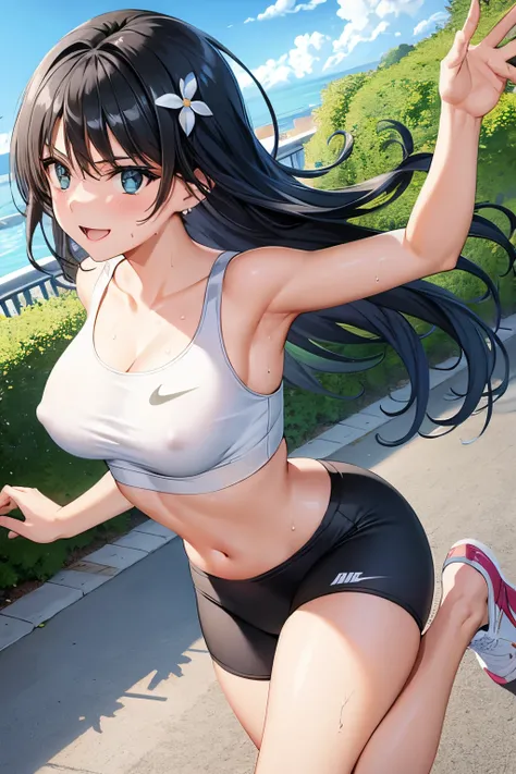 saten_ruiko, 1girl,18yo,black long hair,hair ornament, flower ornament,good anatomy, masterpiece, best quality,realistic, hyperrealistic, 16k hdr,earrings,(nike sports bra top:1.3),(sexy yoga short pants:1.3),, outdoors,blue sky,strong wind,from below,(hap...