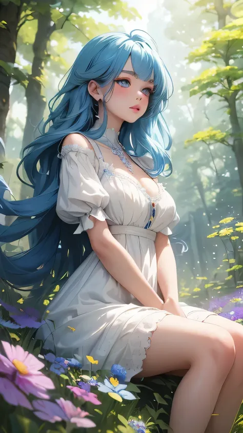 (highest quality,4k,high resolution,masterpiece:1.2),super detailed,realistic,hdr,anime,girl,blue hair,white dress,i deny that,f...