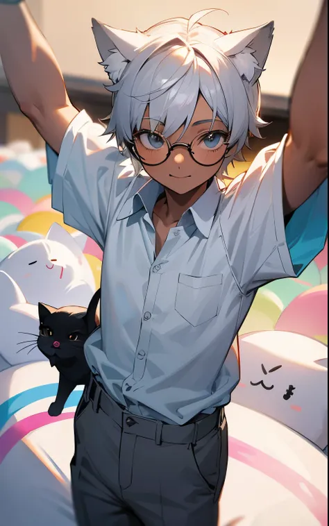 Little boy, dark skin, cute, grey shorts, white shirt, collared shirt, silver hair, cat ears, smilling, :3, round glasses