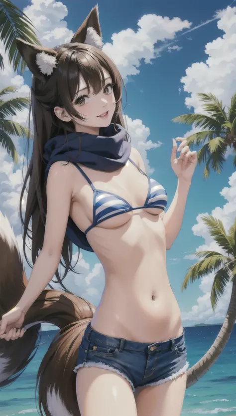 masterpiece,high resolution, animal_ears, Tail, 1girl, swimsuit, bikini, palm_tree, fox_Tail, shorts, fox_ears, scarf, striped_bikini, tree, Open_Mouth, Smile, Front lacing_top, striped, Front lacing_bikini, animal_ear_Brushed, alone, Brown_hair, ocean, sk...