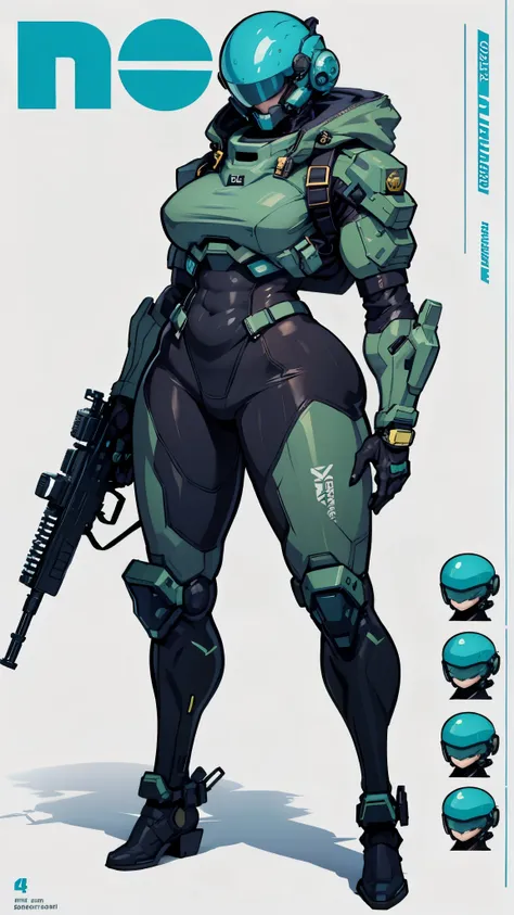 Masterpiece, High quality, ((character concept art)), ((character design sheet, same character))

a futuristic-looking female military commander, wearing a ((kevlar helmet)) and is dressed in ((turquoise suit)), holding weapon, holding gun, wearing epTacti...