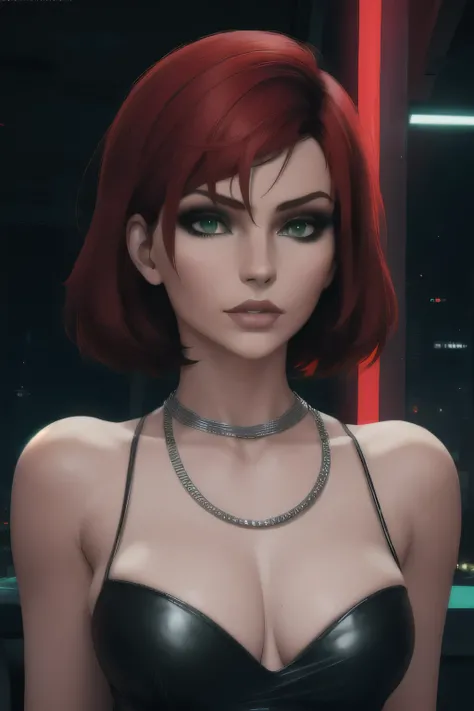 Jane, solo,short hair,red hair,green eyes,
Shepard, black dress,  necklace, 
standing, upper body, 
night club, neon lights, (insanely detailed, beautiful detailed face, masterpiece, best quality)  