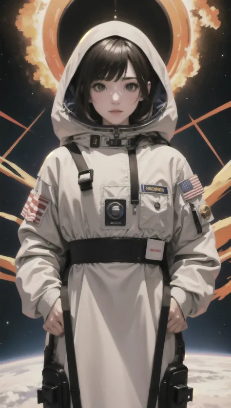 female astronaut in space j0rd7nj0n3s, pretty face, realistic photos, (portrait), [smokes], [haze], natural lighting, shallow vi...