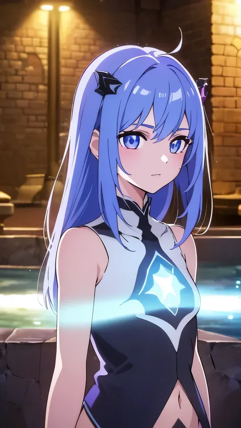 1 girl ,(big Stigmata) , School courtyard, (floating hair), ((in courtyard fountain)), character focus, ((black light)),((dark lighting)), cinematic lighting ,(darkness), (concept art), ((innocent face)), blue short straight hair, light blue hair color, dr...