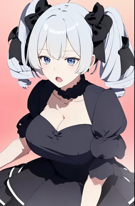  1girl, solo, looking at viewer, half open eyes, detailed eyes, angry, bangs, blue eyes, breasts, dress, bow, twintails, white hair, short sleeves, hair bow, puffy sleeves, black dress, black bow, drill hair, twin drills, cleavage, upperbody, close up, ope...