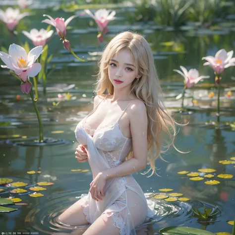 ((Beautiful woman lying in Monets pond))、((Translucent white lace long dress))、1girl in, striated hair, Blonde hair, One side up, Shiny hair, Wet hair, Long hair, Monet, depth of fields, spark of light, letterbox, One-person viewpoint, Lens Flare, F/1.8, 1...