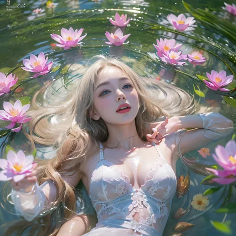 ((Beautiful woman lying in Monets pond))、((Translucent white lace long dress))、1girl in, striated hair, Blonde hair, One side up, Shiny hair, Wet hair, Long hair, Monet, depth of fields, spark of light, letterbox, One-person viewpoint, Lens Flare, F/1.8, 1...