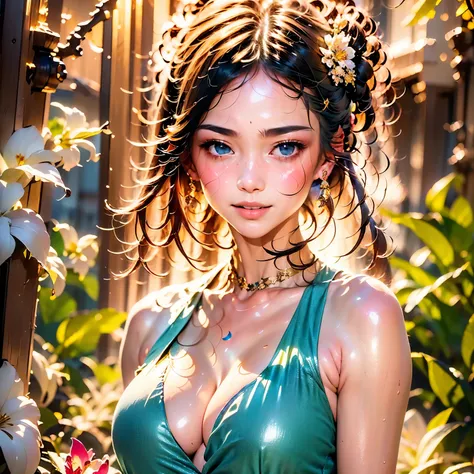 ((Best quality, ultra detail, realism: 1.37), (1 girl - solo, full-length, waist-high, loose - relaxed pose, standing), (fashionable pink dress, open shoulders, neckline, wide short bell, decorated with modern flowers)). ((Beautiful eyes, luscious lips, de...