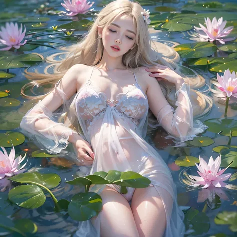 ((Beautiful woman lying in Monets pond))、((Translucent white lace long dress))、1girl in, striated hair, Blonde hair, One side up, Shiny hair, Wet hair, Long hair, Monet, depth of fields, spark of light, letterbox, One-person viewpoint, Lens Flare, F/1.8, 1...