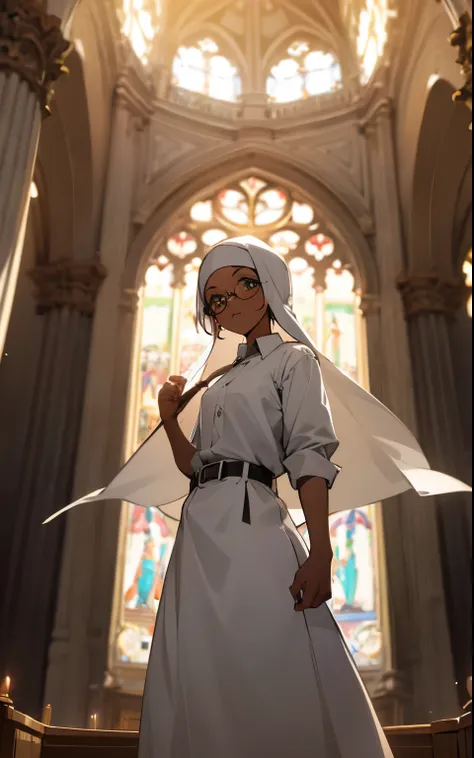 Dark skin, cute, , :3, round glasses, white shirt, collared shirt, very long skirt, belt, headscarf, church background, no hair