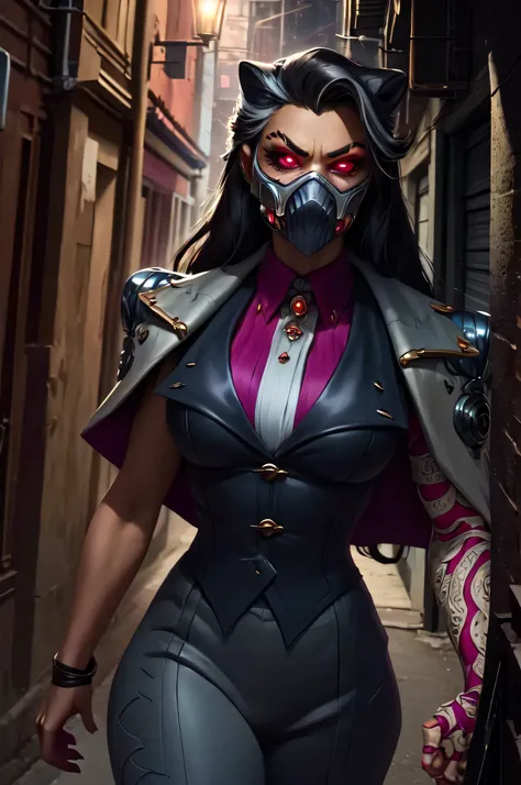 renata, rnta outfit, rnta jacket, rnta mask, angry, serious, walking toward viewer in very dark alley at night, steampunk, intense lighting, looking at viewer, glowing eyes, (cowboy shot), (insanely detailed, beautiful detailed face, masterpiece, beautiful...