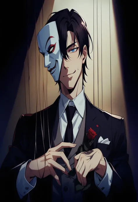 Japanese cartoons man in suit with mask and tie holding a rose, Machiavellian Puppet Master, Japanese cartoons handsome man, tall Japanese cartoons guy with blue eyes, Sebastian Michaelis, ( ( ( Japanese cartoons ) ) ), Japanese cartoons wallaper, Japanese...