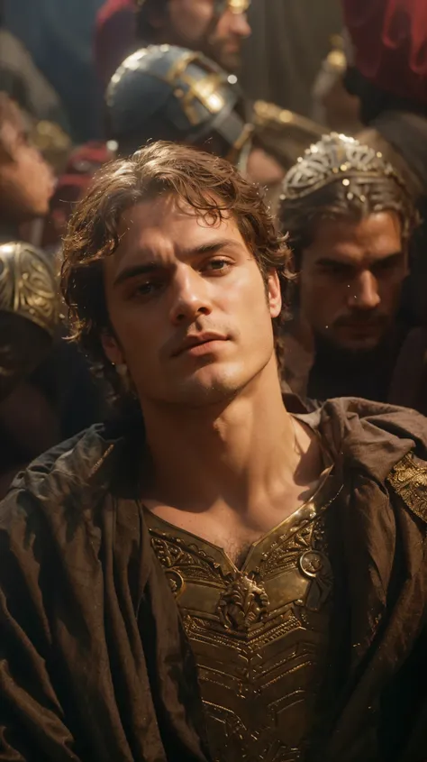 Alexander sitting in front of a crowd of people, paul atreides, paul atreides as emperor of dune, henry cavill as a greek god, henry cavill as a warrior, handsome prince of persia, in screenshot from the 300 movie, alexander, henry cavill is a greek god, f...