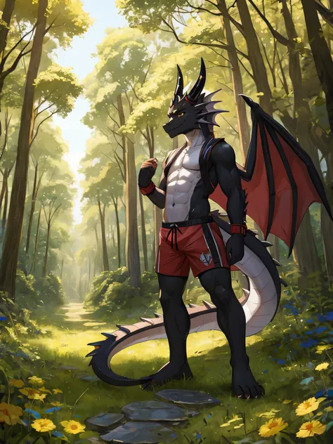 masterpiece, Anthropomorphic black dragon, white belly,There is a pair of dragon horns, black dragon scales, young dragon,short and small,1 tail, nice, only shorts,forest landscape,individual