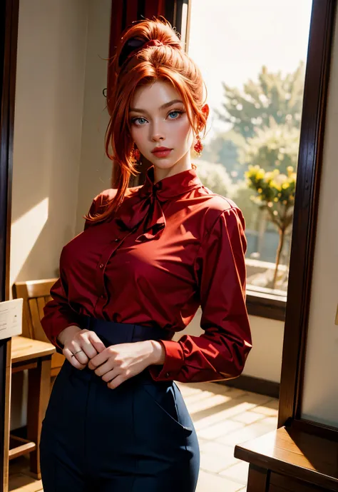 Beautiful redhead with blue eyes, ponytail, beautiful, red blouse, at home, big ponytail, beautiful, wearing formal suit red, poses