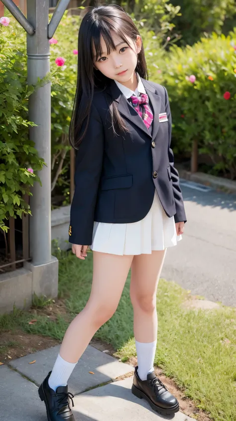 Beautiful woman、10 years old 、full body shot、80mm、small breasts、lazy smile、school uniform、bloomers、garden