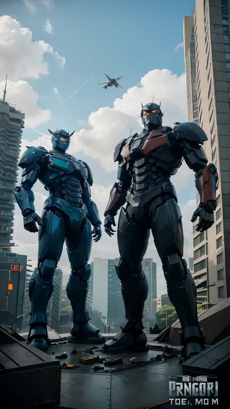 a group of people standing on top of a building, pacific-rim-mech in background, movie pacific rim, broken ruin pacific rim jaeger, pacific rim jaeger red, pacific rim,an epic scifi movie still, epic scifi movie still, promotional movie poster, promotional...