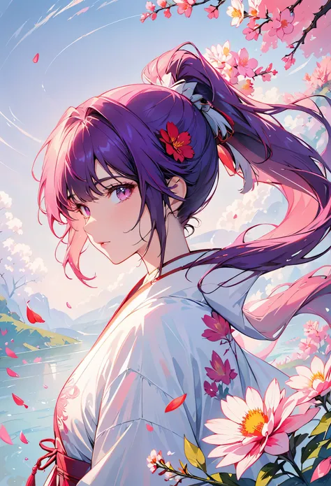 ((masterpiece, best quality)), (negative space: 1.2), (1 girl, alone: 1.4), petal, pink eyes, dragon girl, long, purple hair, high ponytail, liquid hair, flowers, dragon background