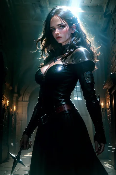 Realistic photo, low angle, cowboy shot, tyndall efect, dark fantasy, witcher world, (ohwx woman), yennefer in black suit, magic from hands (light, lightning, sparkles),  imersive light, imersive background of castle room, dynamic pose, dynamic action shot...