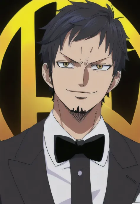 1boy,Trafalgar law,black suit,black bow,prom night,detailed, smirk face, pose,well-dressed,background lights,party atmosphere,vivid colors,stylish outfit,sharp focus,sophisticated,modern setting,professional artwork,portrait style